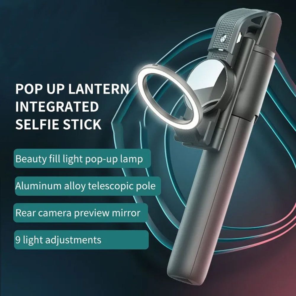 Suport Techsuit Selfie Stick (K13), Compact Tripod Mount with Bluetooth Remote Control, LED Beauty Light, Foldable, 84cm, Negru