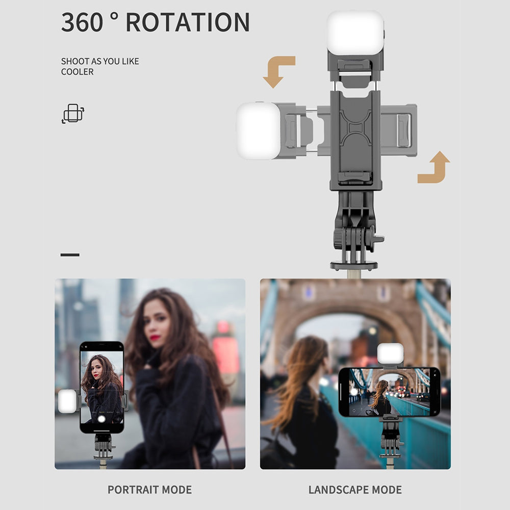 Suport Techsuit Mini Selfie Stick (Q10s), Stable Tripod with Bluetooth Remote Control, Fill Light, 360 Rotation, 70cm, Negru