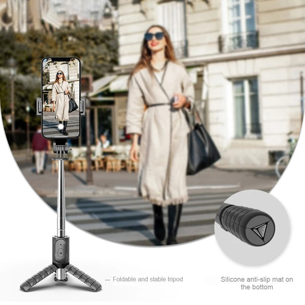Suport Techsuit Mini Selfie Stick (Q11s), Stable Tripod with Bluetooth Remote Control and Fill Light, 360 Rotation, 76cm, Negru