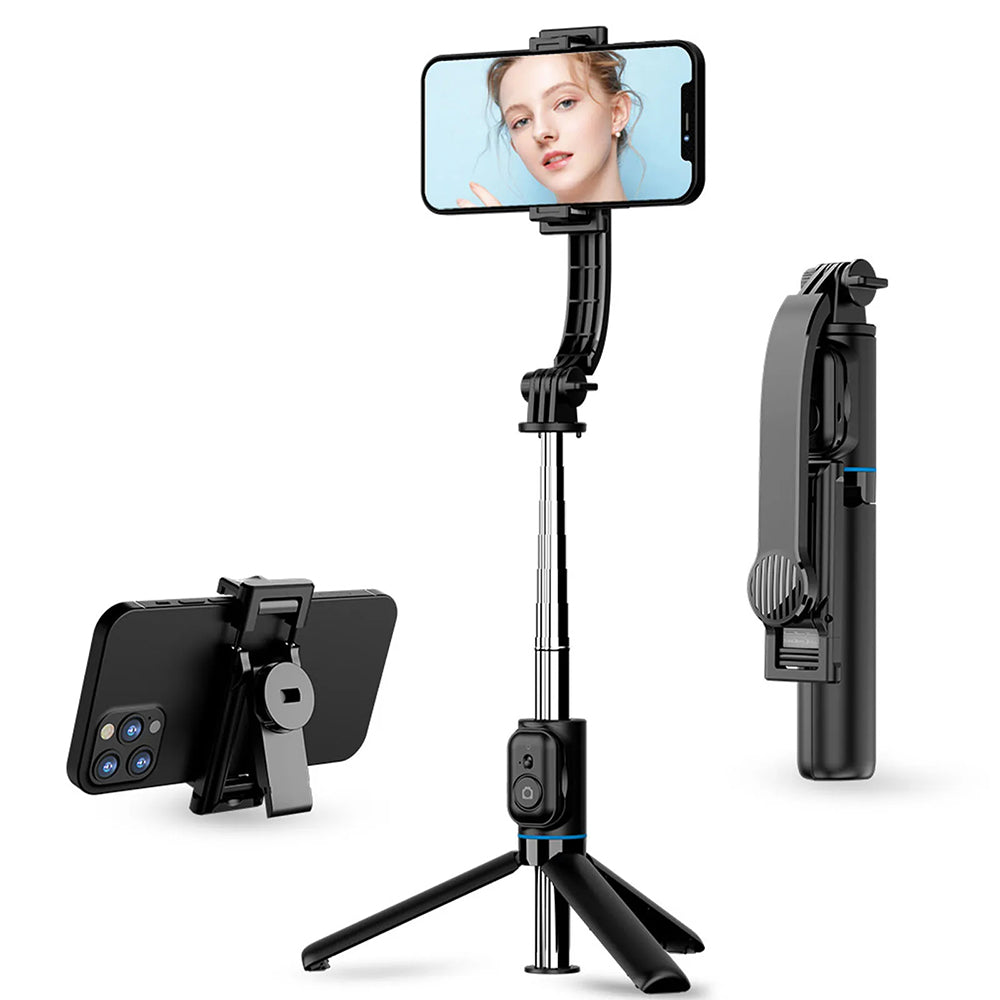 Suport Techsuit Selfie Stick (C01), with Foldable Stable Tripod and Bluetooth Remote Control, 106cm, Negru