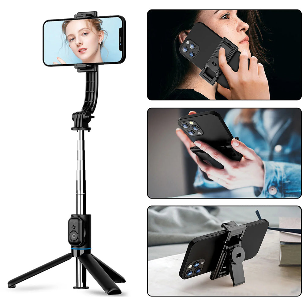 Suport Techsuit Selfie Stick (C01), with Foldable Stable Tripod and Bluetooth Remote Control, 106cm, Negru