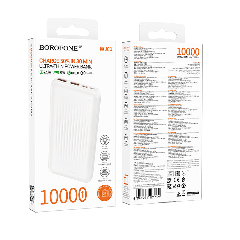 Borofone BJ80A Clever külső akkumulátor, 10000mAh, 22.5W, QC + PD, 1 x USB-C - 2 x USB-