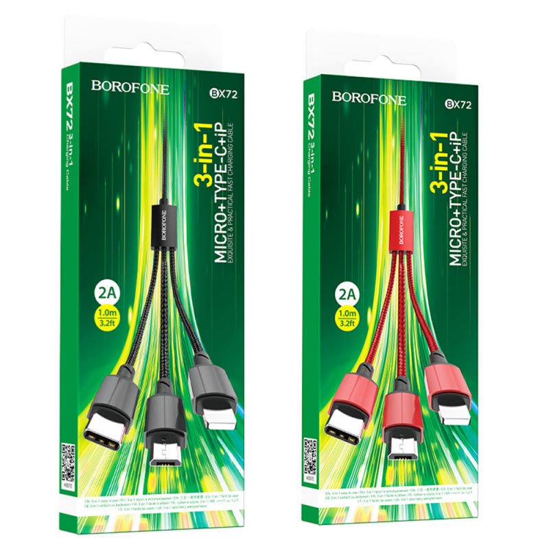 Cablu Incarcare USB-A - Lightning / microUSB / USB-C Borofone BX72, 18W, 1m - Negru - NotebookGsm