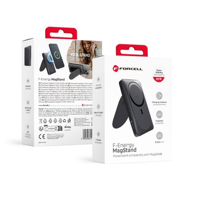 FORCELL F-ENERGY F10K2 MagStand külső akkumulátor, kompatibilis a MagSafe PD QC3.0-val, 5A 20W 10000 mAh, fekete