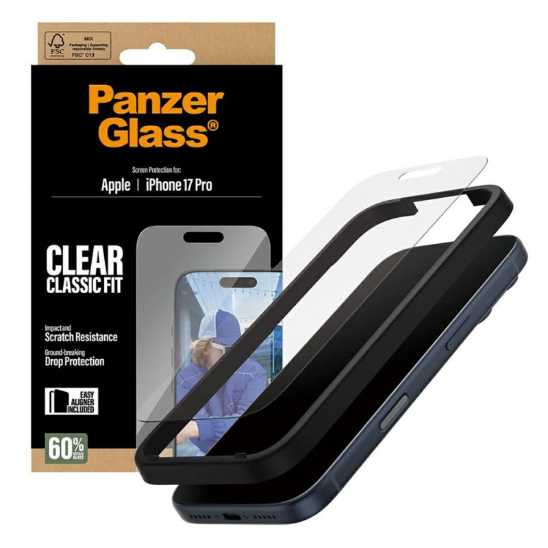Folie de protectie Ecran PanzerGlass Classic Fit EasyAligner pentru Apple iPhone 17 Pro, Sticla Securizata, Full Glu
