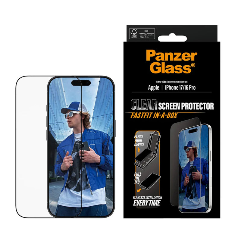 PanzerGlass Ultra-Wide Fit Fastfit képernyővédő fólia Apple iPhone 17 / 16 Pro készülékhez, edzett üveg, teljes ragasztóval