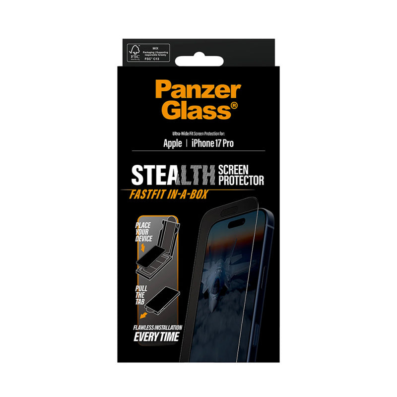 Folie de protectie Ecran PanzerGlass Ultra-Wide Fit Stealth Fastfit pentru Apple iPhone 17 Pro, Sticla Securizata, Full Glu
