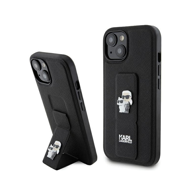 Husa MagSafe pentru Apple iPhone 15 Plus / 14 Plus, Karl Lagerfeld, Saffiano Gripstand Karl & Choupett - Neagra - NotebookGsm