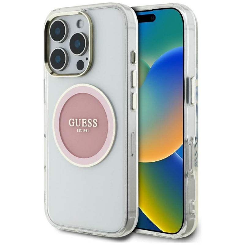 Husa MagSafe pentru Apple iPhone 16 Pro, Guess, IML Metal Colored Circle - Roz - NotebookGsm