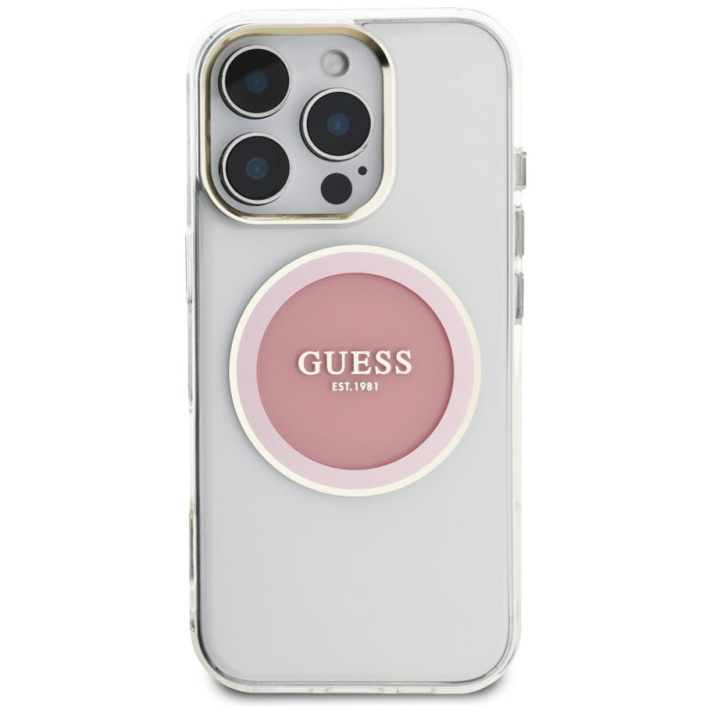 Husa MagSafe pentru Apple iPhone 16 Pro, Guess, IML Metal Colored Circle - Roz - NotebookGsm