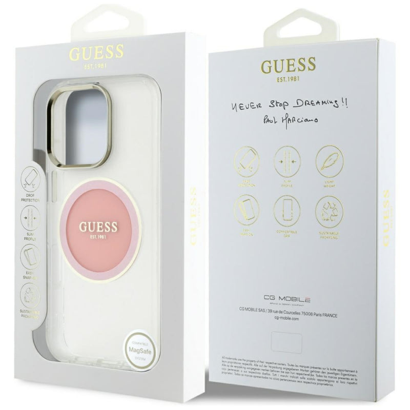Husa MagSafe pentru Apple iPhone 16 Pro, Guess, IML Metal Colored Circle - Roz - NotebookGsm
