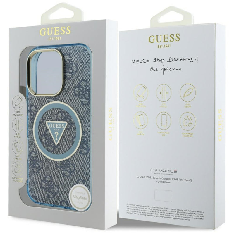 Husa MagSafe pentru Apple iPhone 16 Pro Max, Guess, IML Glitter 4G Circle Triangle - Albastra - NotebookGsm