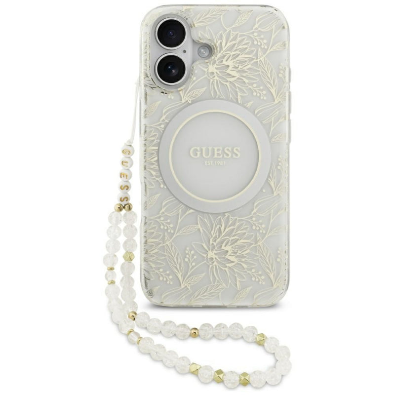 Husa MagSafe pentru Apple iPhone 17, Guess, IML Flowers with Pearl Strap