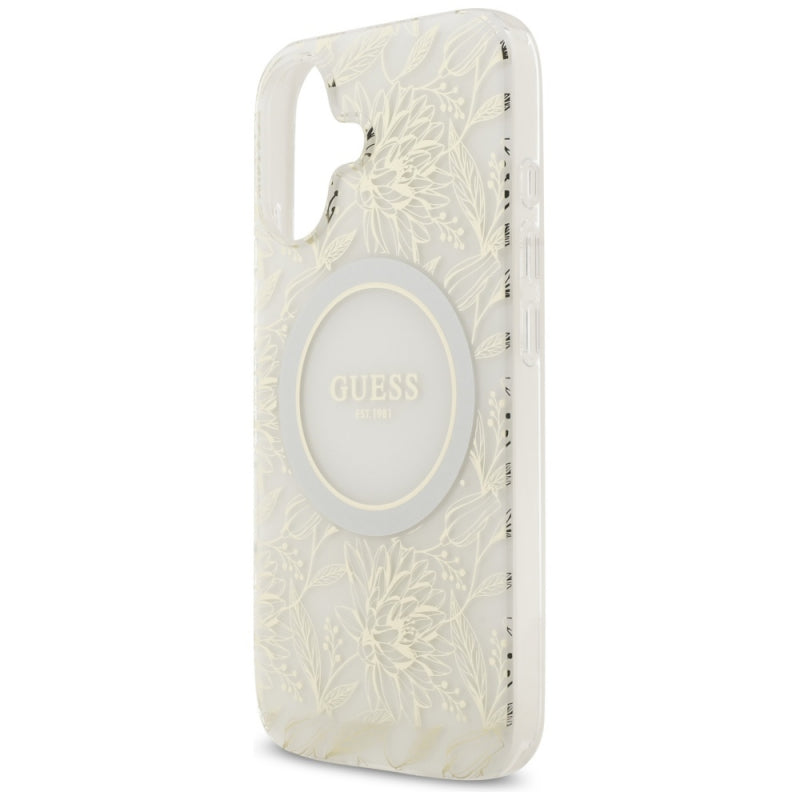 Husa MagSafe pentru Apple iPhone 17, Guess, IML Flowers with Pearl Strap