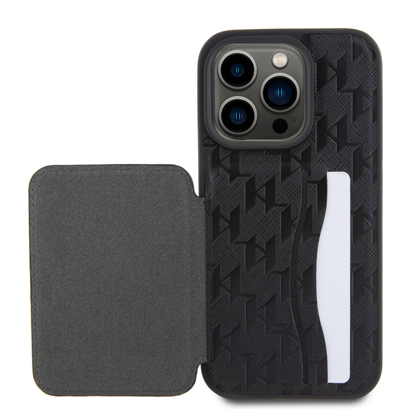 Husa pentru Apple iPhone 15 Pro, Karl Lagerfeld, Saffiano Cardslots and Stand Monogram Ikonik Karl - Neagra - NotebookGsm