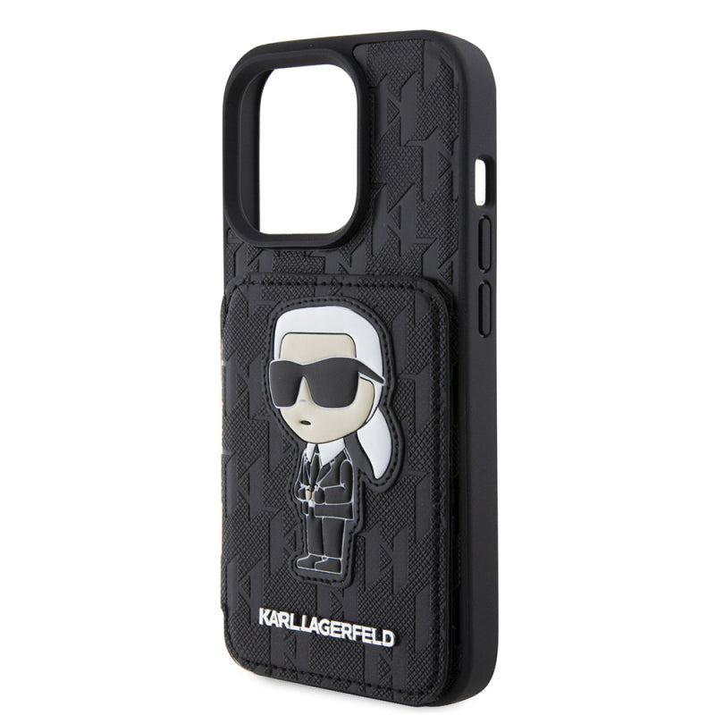 Husa pentru Apple iPhone 15 Pro, Karl Lagerfeld, Saffiano Cardslots and Stand Monogram Ikonik Karl - Neagra - NotebookGsm