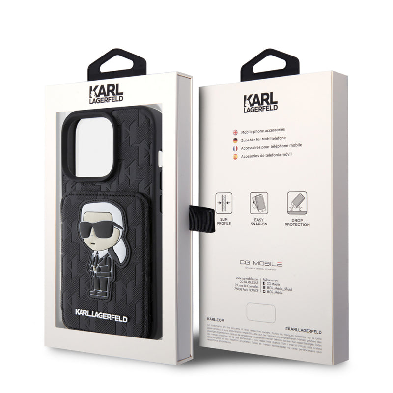 Husa pentru Apple iPhone 15 Pro, Karl Lagerfeld, Saffiano Cardslots and Stand Monogram Ikonik Karl - Neagra - NotebookGsm