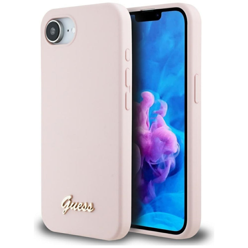 Husa pentru Apple iPhone 16e, Guess, Script Metal Log - Roz - NotebookGsm