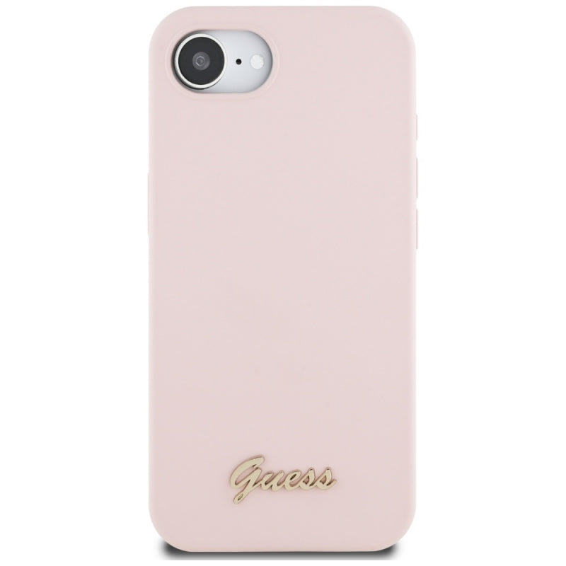 Husa pentru Apple iPhone 16e, Guess, Script Metal Log - Roz - NotebookGsm