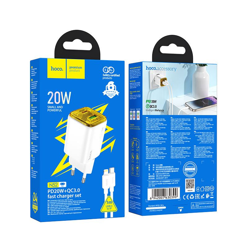 Incarcator Retea Cu Cablu USB-C HOCO N52, 20W, 3A, 1 x USB-A - 1 x USB-C