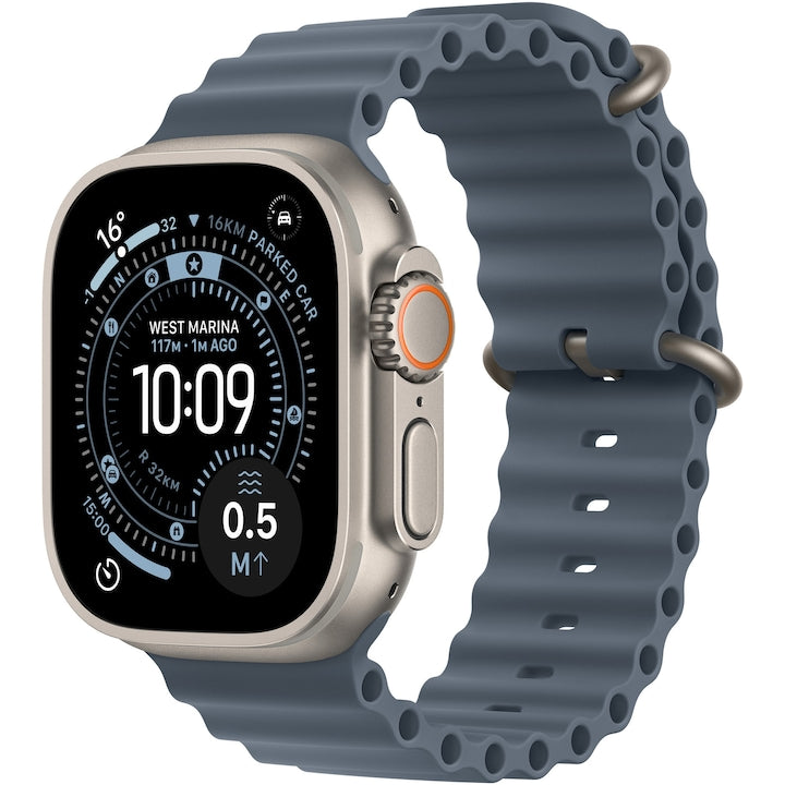 Apple Watch Ultra 3, GPS, Cellular, természetes titánium tok, 49 mm, kék/világoskék Trail Loop - M/L