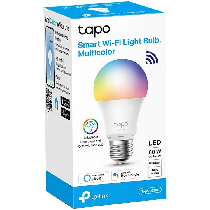 Okos RGB LED izzó TP-Link Tapo L530E, Wi-Fi, E27, 8,7 W (60 W), 806 lm, színes fény, hangvezérlés