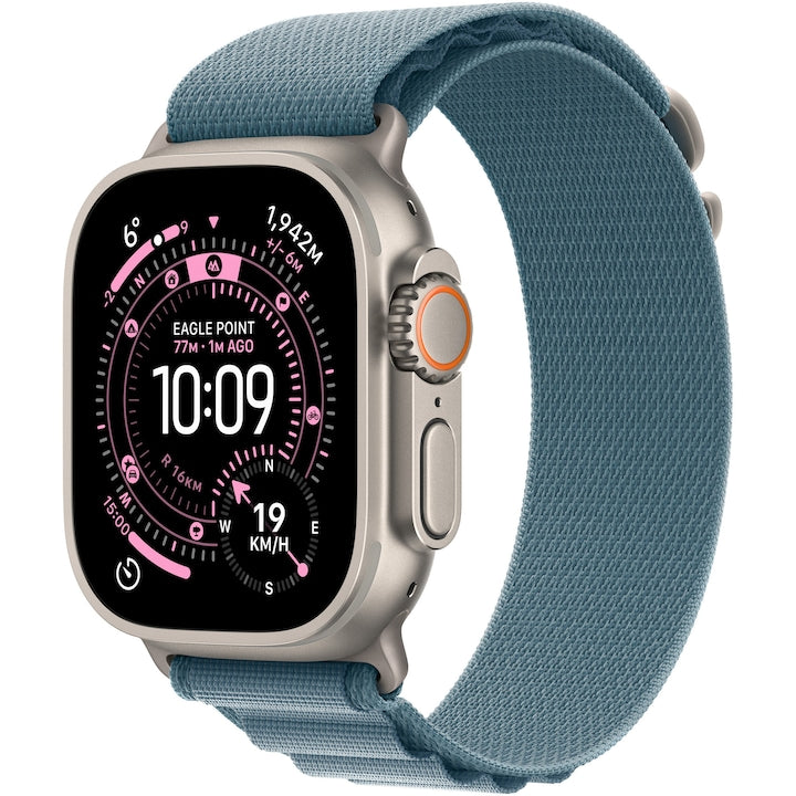 Apple Watch Ultra 3, GPS, Cellular, természetes titánium tok, 49 mm, kék/világoskék Trail Loop - M/L