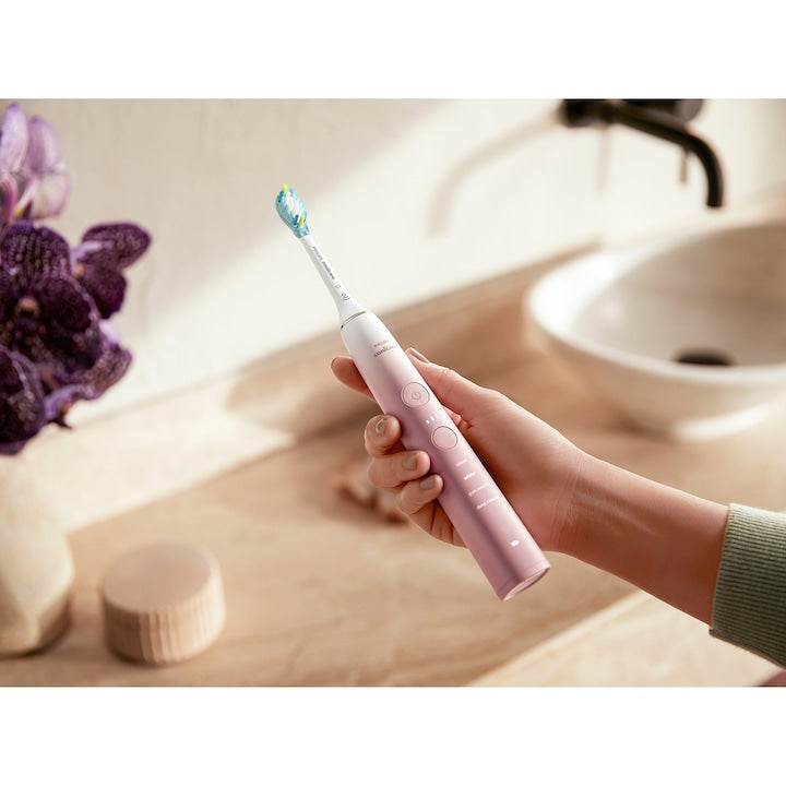Periuta electrica sonica PHILIPS Sonicare DiamondClean Seria 9000 HX9911/79, 1 toc de transport, 4 capete C3, suport de incarcare, roz