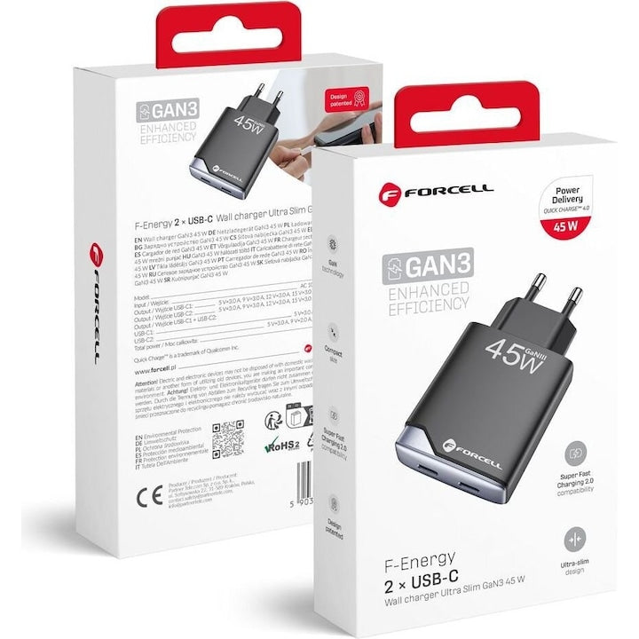Forcell GaN 3 vezeték nélküli töltő USB-C porttal 45W Teljesítmény leadás