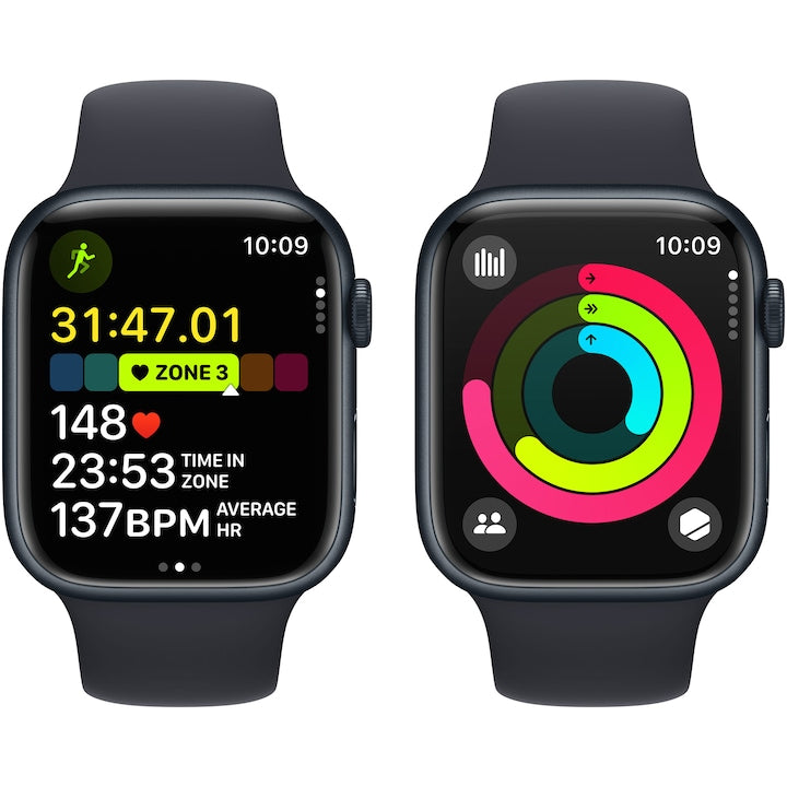 Apple Watch Series 9 GPS + Cellular, 45mm Midnight Aluminium Case, Midnight Sport Band S/M (Fekete)
