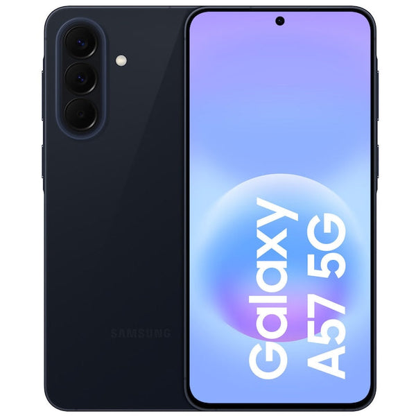 Samsung Galaxy A57 5G albastru închis, vedere din spate și din față
