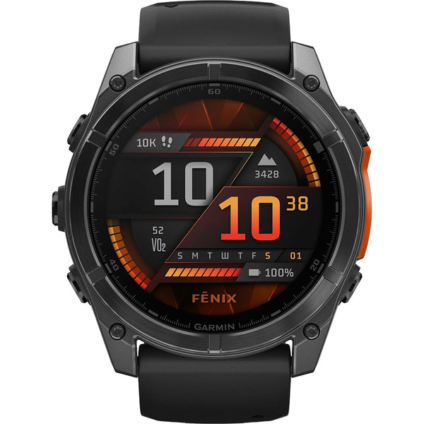 Smartwatch Garmin fēnix 8 de 51 mm, cu ramă gri închis, curea neagră și cadran cu pași, altitudine, VO2 și baterie
