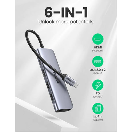 Hub/Dock Ugreen Docking Station CM195 (70411), Type-C to 2xUSB-A 3.0, HDMI 4k@30Hz, SD/TF Card Reader, Type-C PD 100W, Gri Spatial