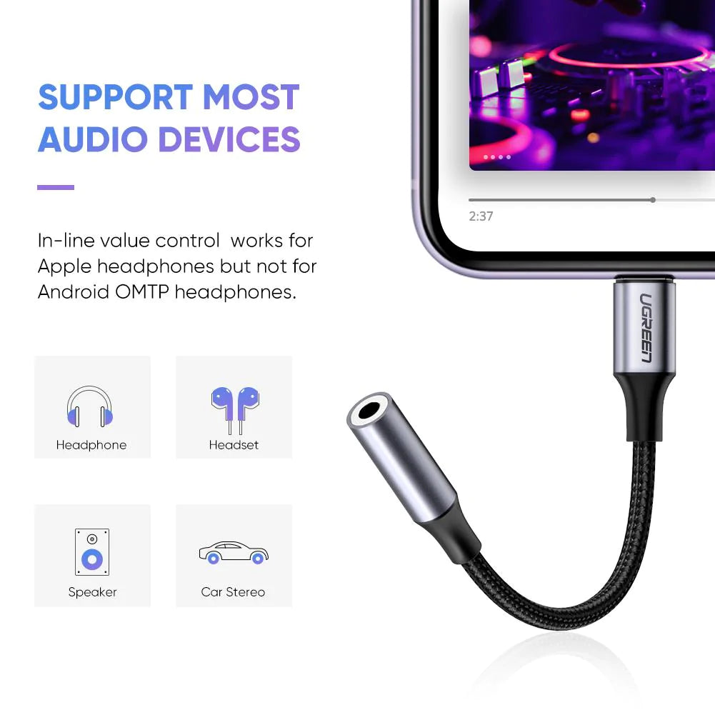 Adaptor Ugreen Audio Cable Adapter US211 (30756), Lightning to Jack 3.5mm, 10cm, Negru