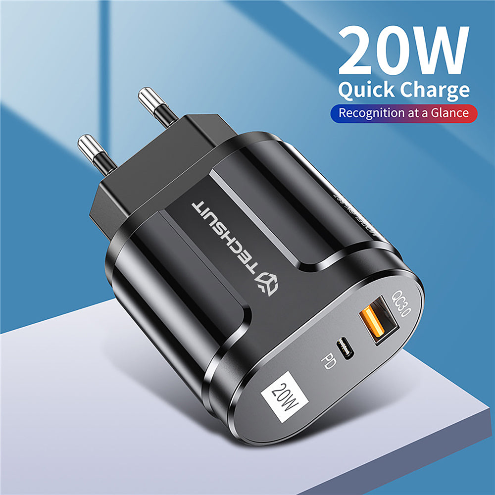 Incarcator Techsuit Premium (CHPD038), USB-A, QC 3.0, USB-C, 20W, Alb