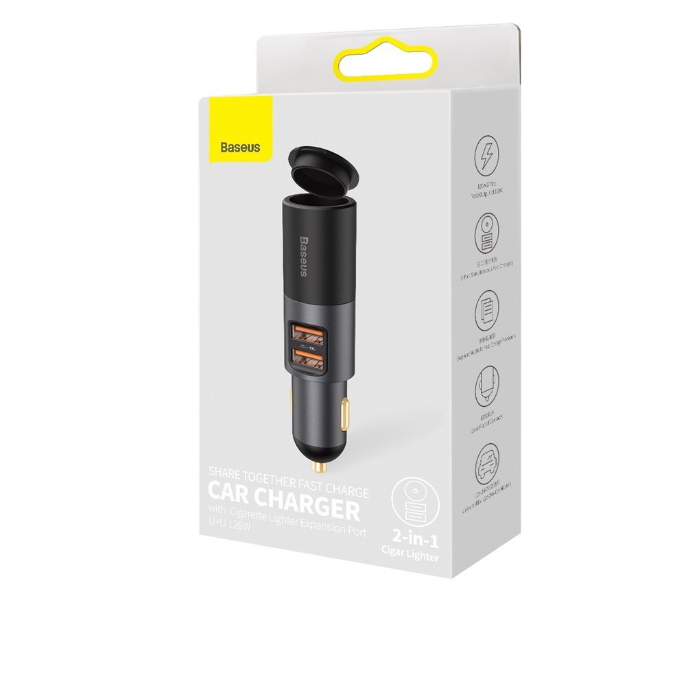 Incarcator Baseus Car Share Together (CCBT-D0G/C00034800817-Z1), Cigarette Lighter Expansion, 2xUSB-A, QC 3.0 120W, Gri