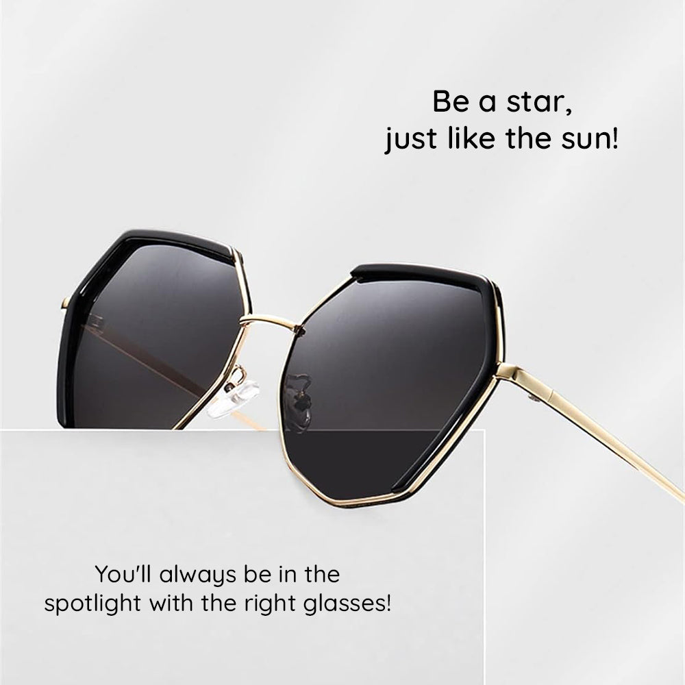 Techsuit Sunglasses Polarized (9768), Hexagonal, with UV Protection and Metal Frame, Gri / Gold / Green