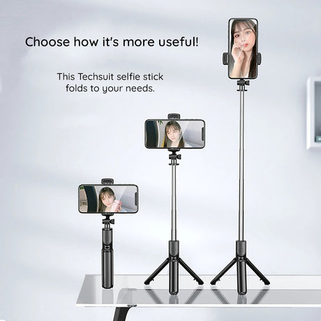 Suport Techsuit Selfie Stick (S03), Stable and Compact Tripod Mount with Bluetooth Remote Control, 68cm, Negru