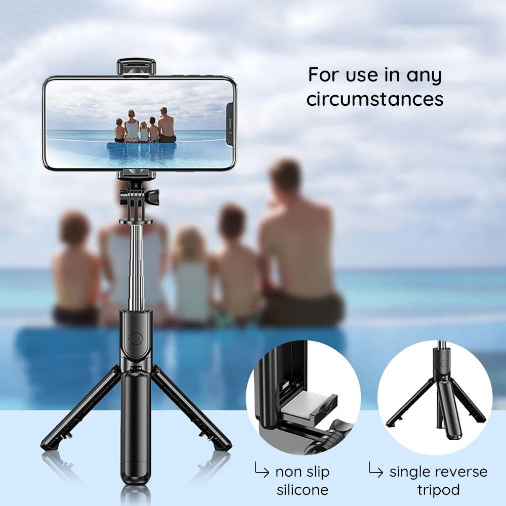 Suport Techsuit Selfie Stick (S03), Stable and Compact Tripod Mount with Bluetooth Remote Control, 68cm, Negru