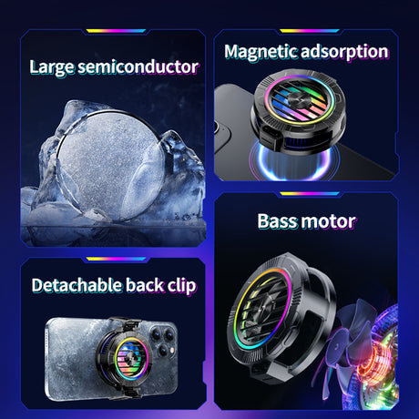 Accesoriu gaming Techsuit Phone Cooler (P66), Magnetic, with RGB Lights, Detachable Clip, for iOS and Android, Negru