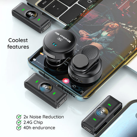 Casti Techsuit (set de 2) Lavalier Wireless (LW5), with Receiver, Type-C, Noise Reduction 2.0, Digital Display, Negru