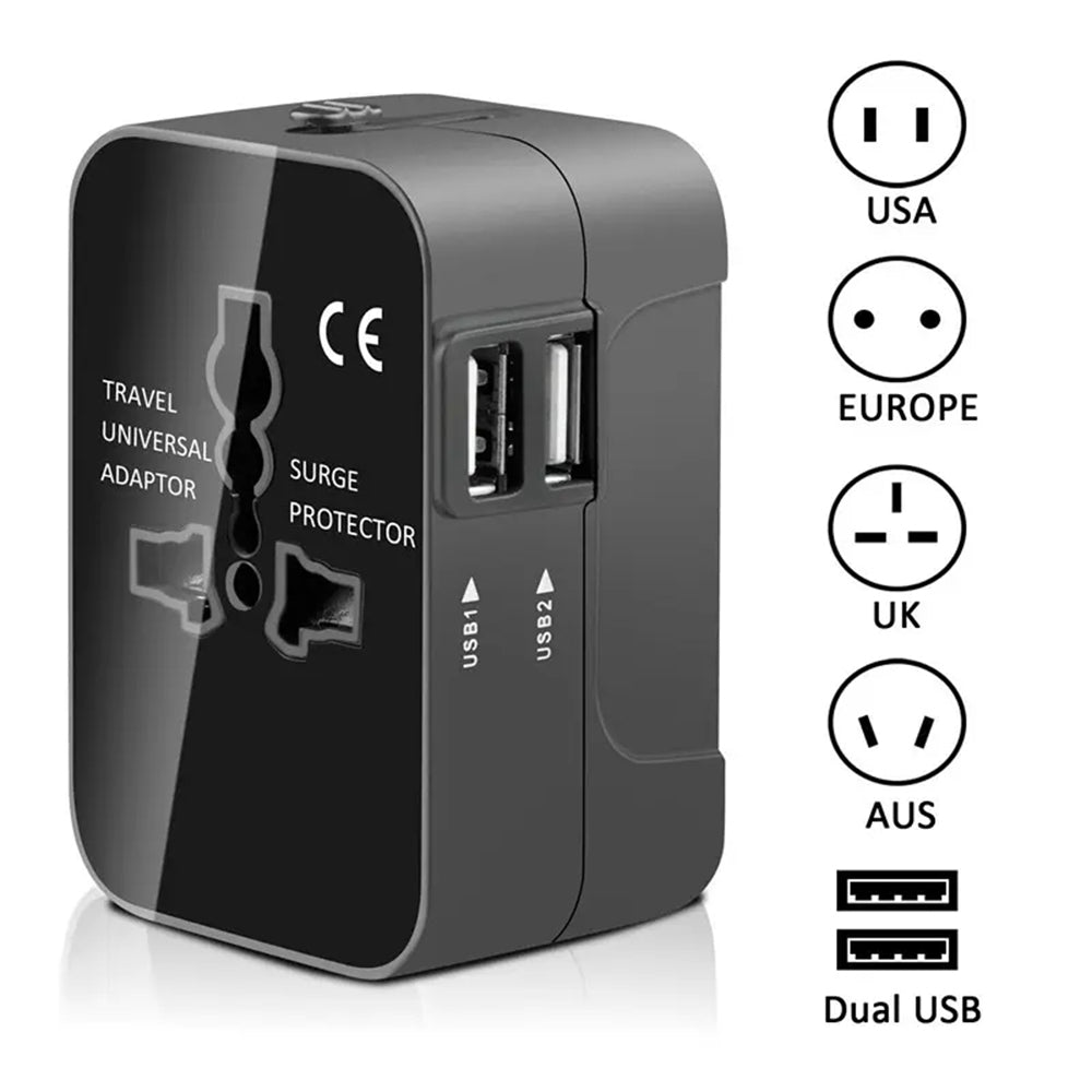 Incarcator Techsuit Travel Adapter (HHT202), 2 x USB, EU, UK, AUS, US, Negru