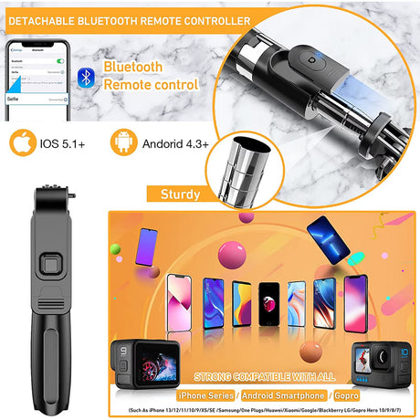 Suport Techsuit Selfie Stick (L02), Stable Tripod with Bluetooth Remote Control, GoPro Compatible, 360 Rotation, 100cm, Negru