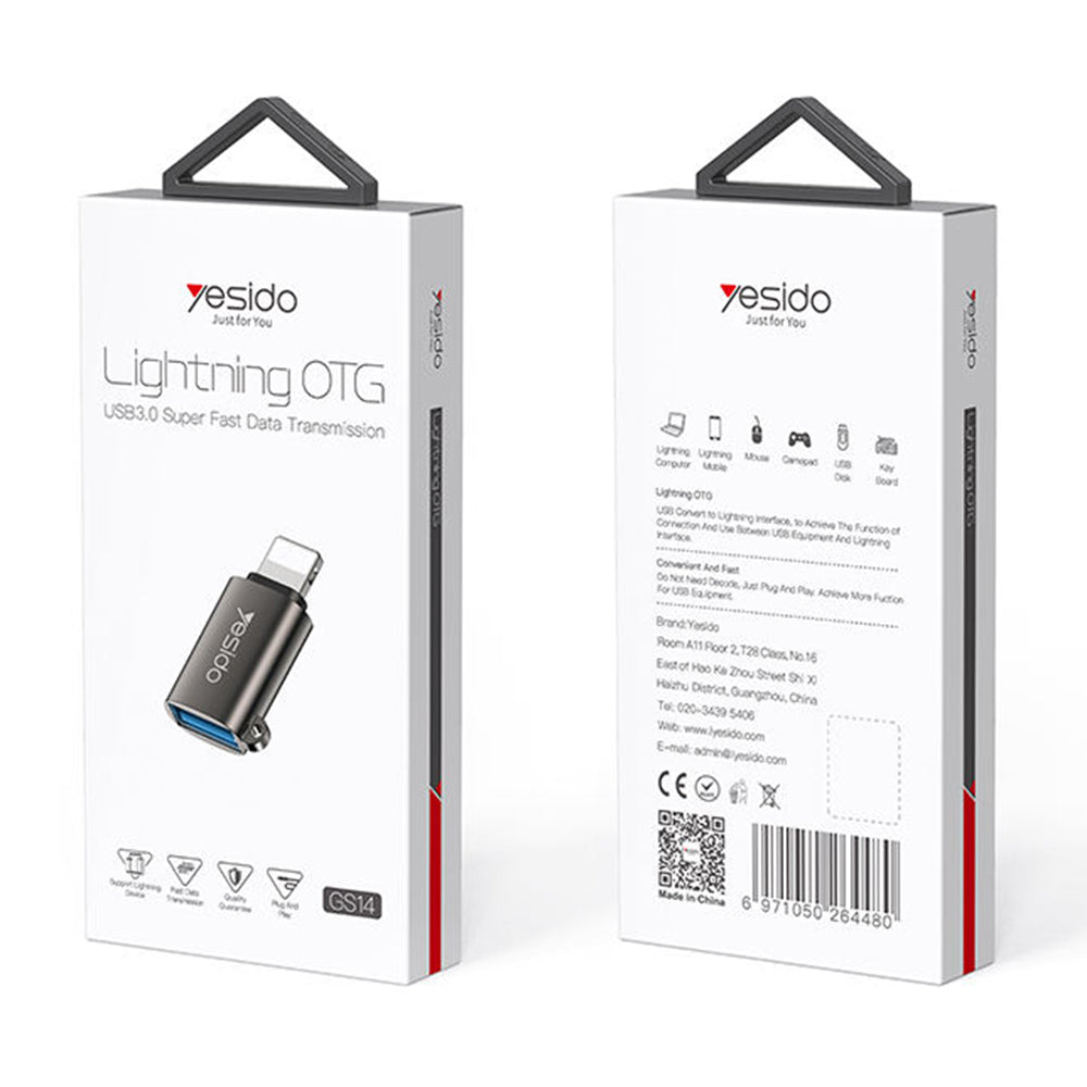 Adaptor Yesido OTG Adapter (GS14), USB 3.0 to Lightning, Plug & Play, 480Mbps, Negru