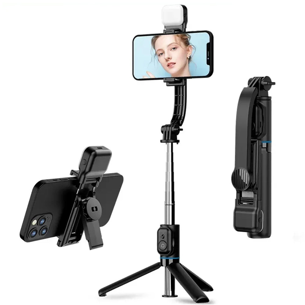 Suport Techsuit Selfie Stick (C01s), with Foldable Stable Tripod, Bluetooth Remote Control, Fill Light, 107cm, Negru