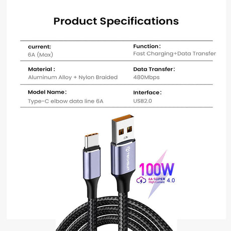 Cablu Techsuit (PCB018), USB-A to Type-C, Super Fast Charging, 100W, 480Mbps, 6A, Nylon, Aluminum Alloy, 1m, Negru