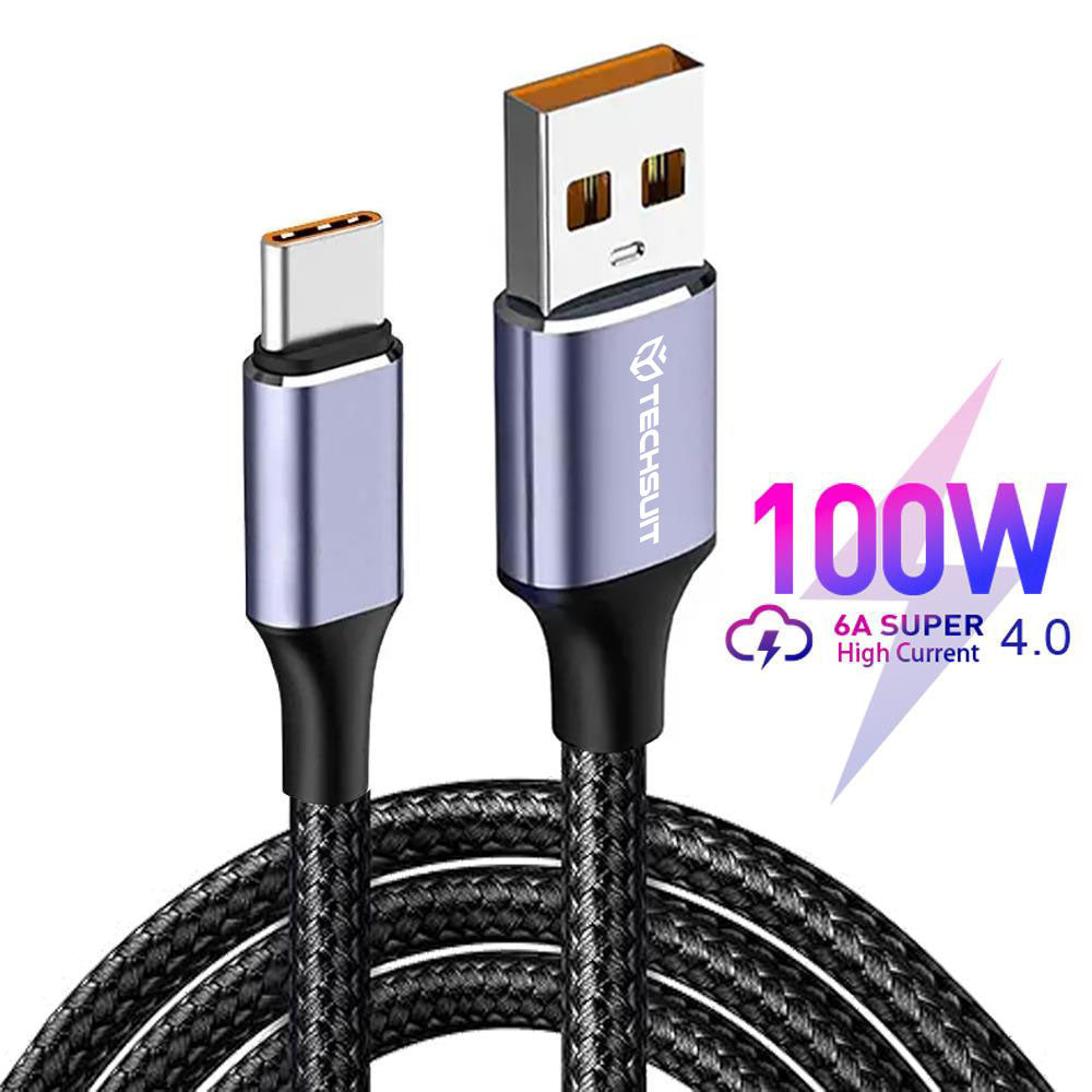 Cablu Techsuit (PCB018), USB-A to Type-C, Super Fast Charging, 100W, 480Mbps, 6A, Nylon, Aluminum Alloy, 1m, Negru