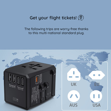 Incarcator Techsuit Travel Adapter (HHT906), PD65W, 2 x USB, 3 x Type-C, EU, UK, AUS, US, Negru