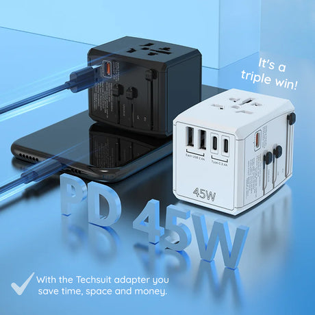 Incarcator Techsuit Travel Adapter (HHT905), PD45W, 2 x USB, 3 x Type-C, EU, UK, AUS, US, Negru