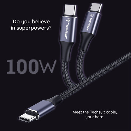 Cablu Techsuit (PCB018), Type-C to Type-C, Super Fast Charging, PD100W, 480Mbps, Nylon, Aluminum Alloy, 1m, Negru